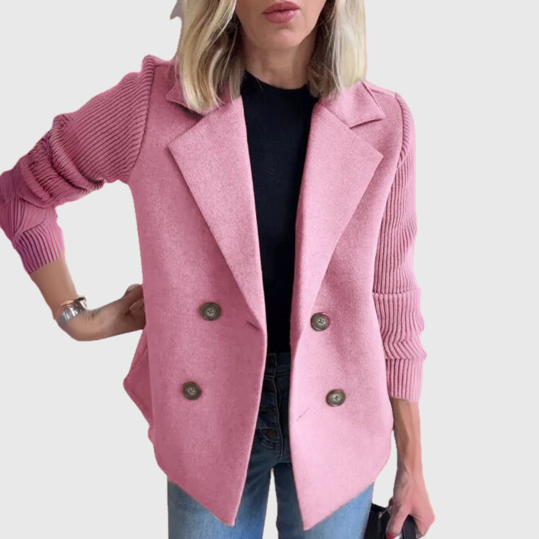 Double Breasted Blazer Coat with Knit Sleeves - Pink