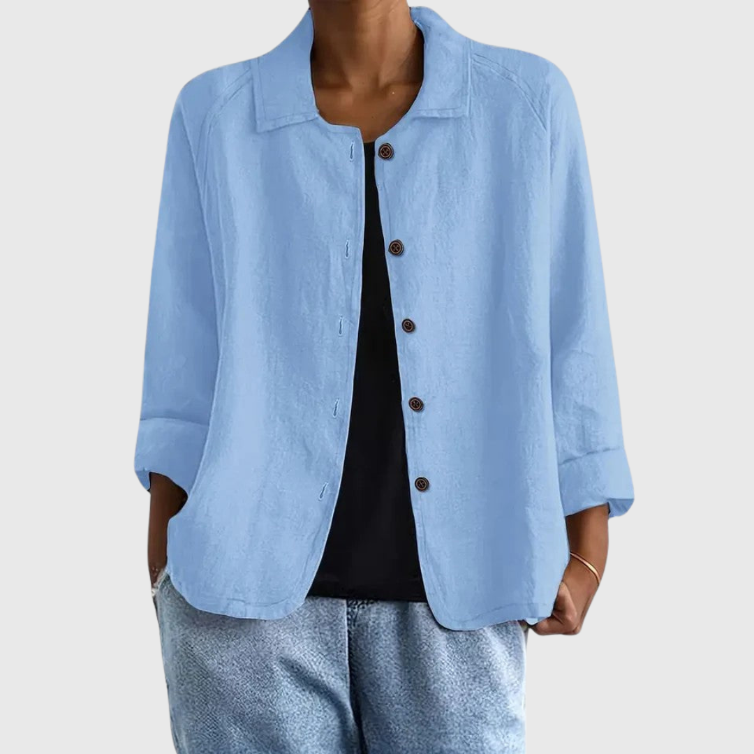 Oversized Chambray Shirt Jacket with Collar - Light Blue