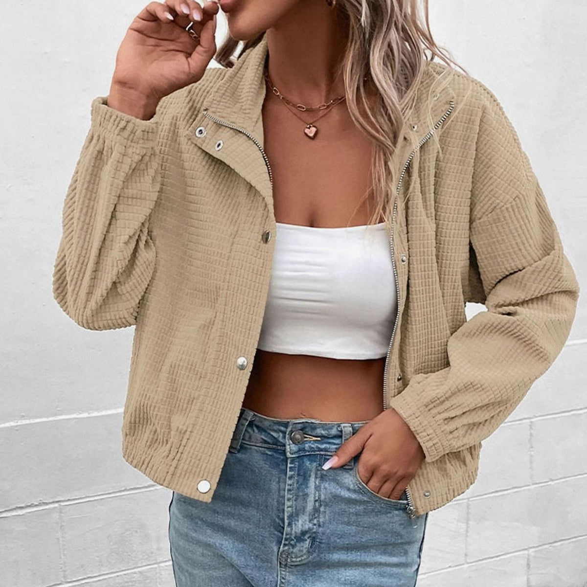 Lucia | Zip Up Button Knit Oversized Autumn Cropped Bomber Jacket Women