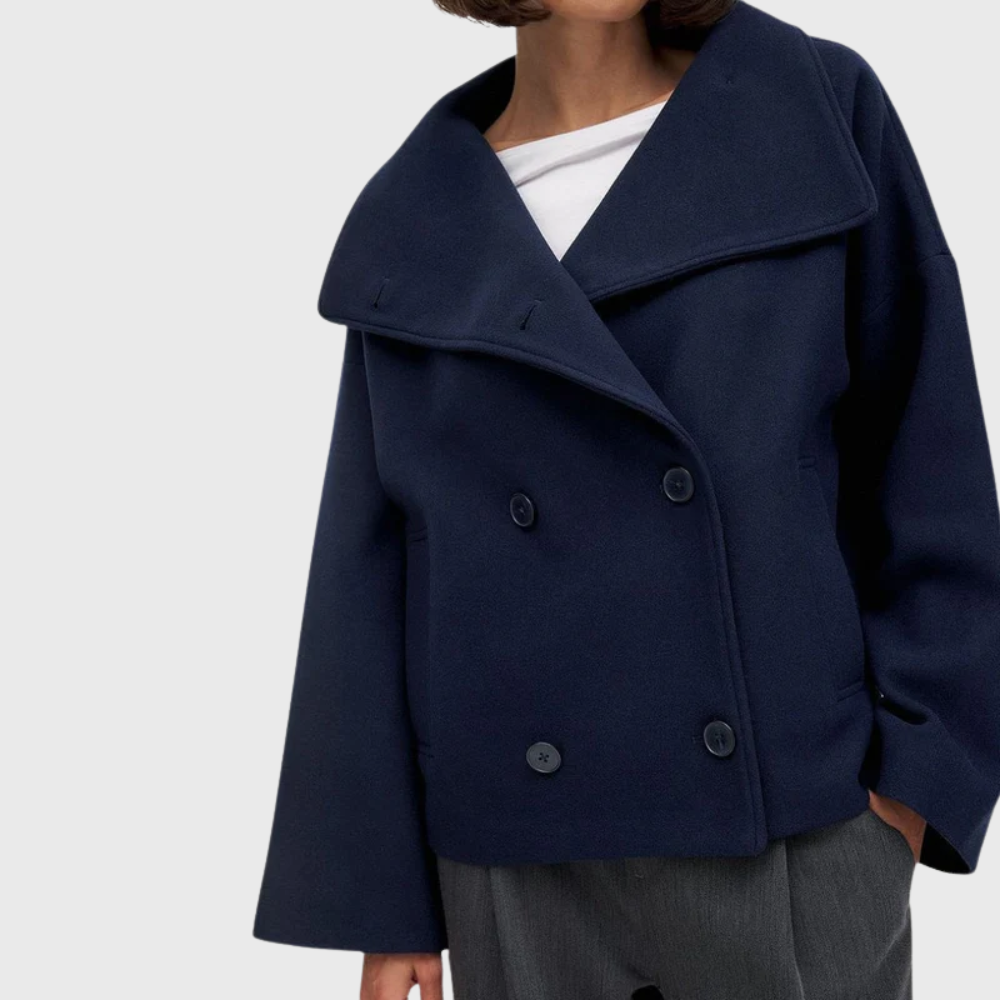 Noa | Oversized Drop Shoulder Collared Double Breasted Button Cropped Peacoat Women