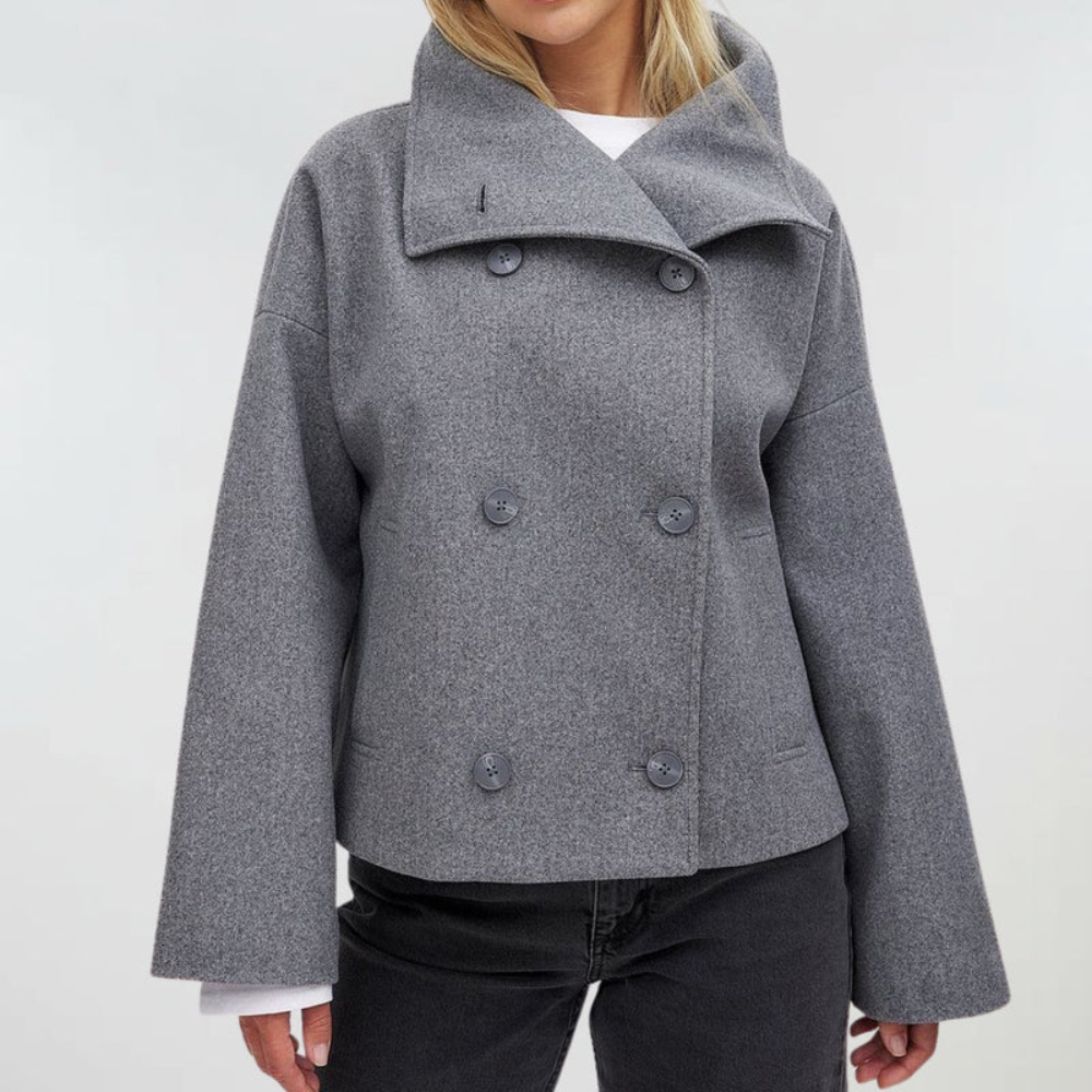 Noa | Oversized Drop Shoulder Collared Double Breasted Button Cropped Peacoat Women