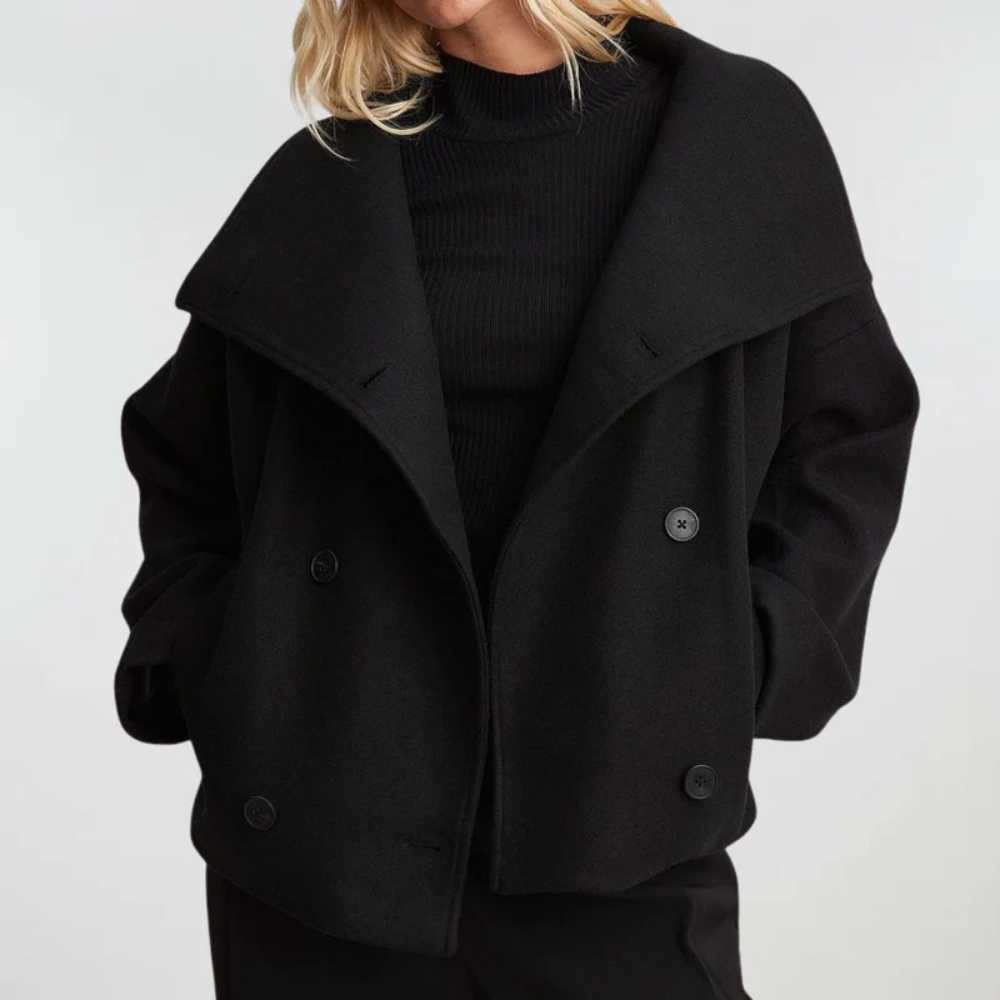 Noa | Oversized Drop Shoulder Collared Double Breasted Button Cropped Peacoat Women