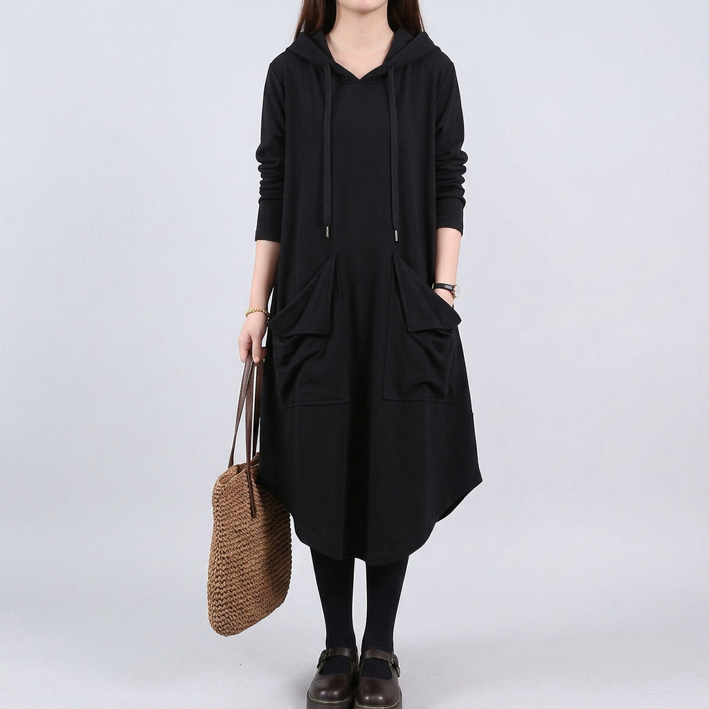 Halle | Flowy Asymmetrical Drawstring Pocket Hooded Autumn Midi Long Sleeve Dress Women