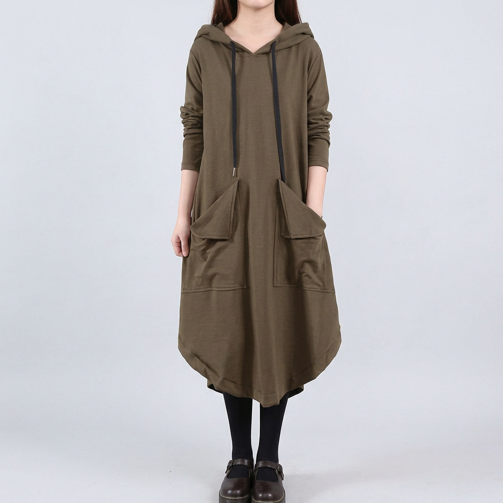 Halle | Flowy Asymmetrical Drawstring Pocket Hooded Autumn Midi Long Sleeve Dress Women