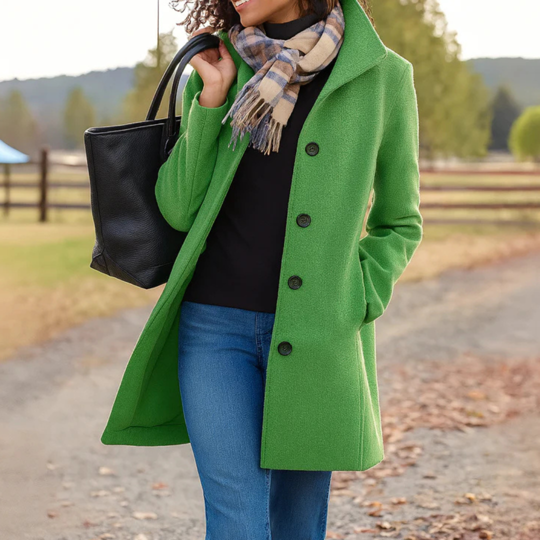 Mid-Length Wool Coat with Button Front - Camel