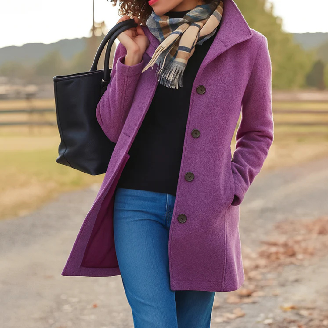 Mid-Length Wool Coat with Button Front - Camel