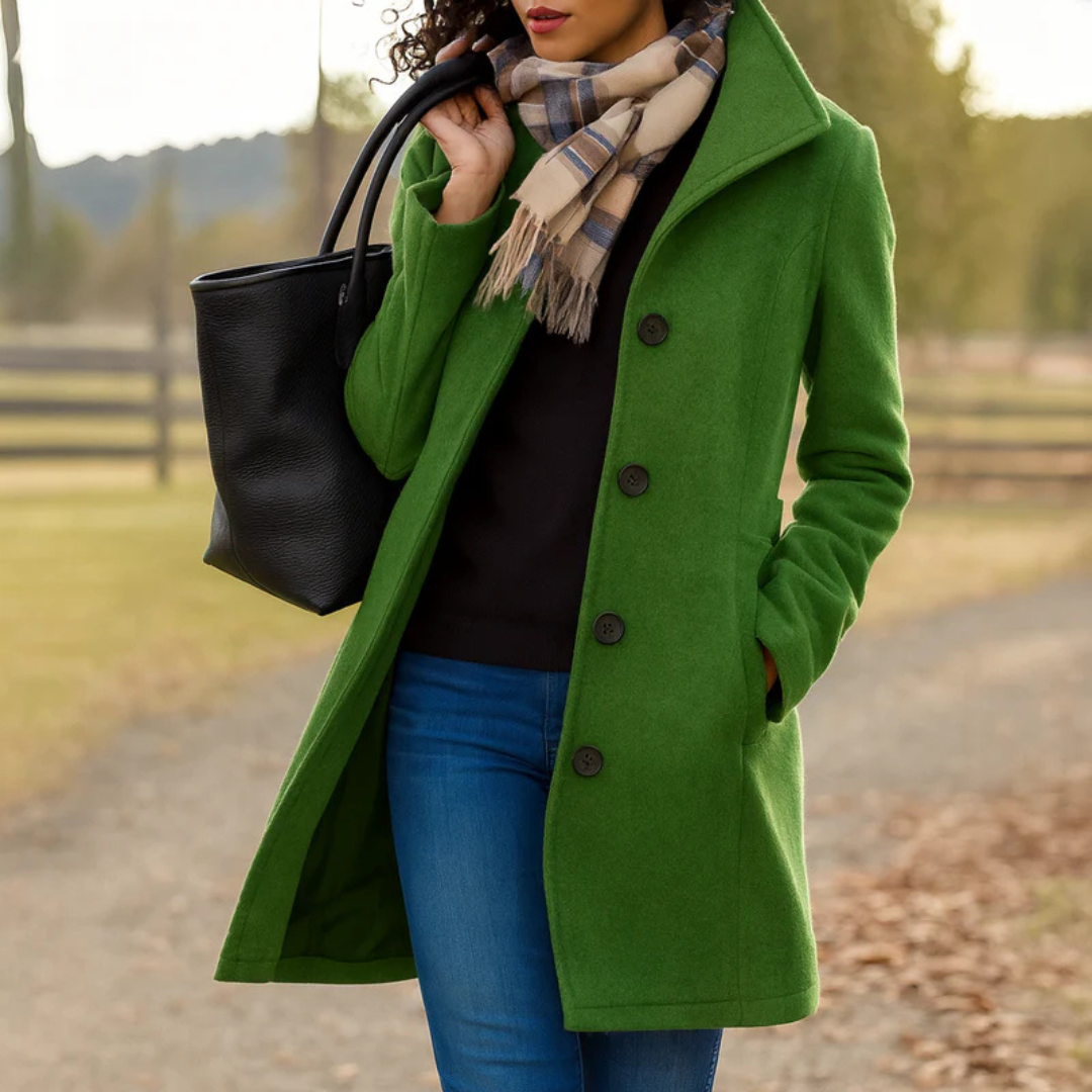 Mid-Length Wool Coat with Button Front - Camel
