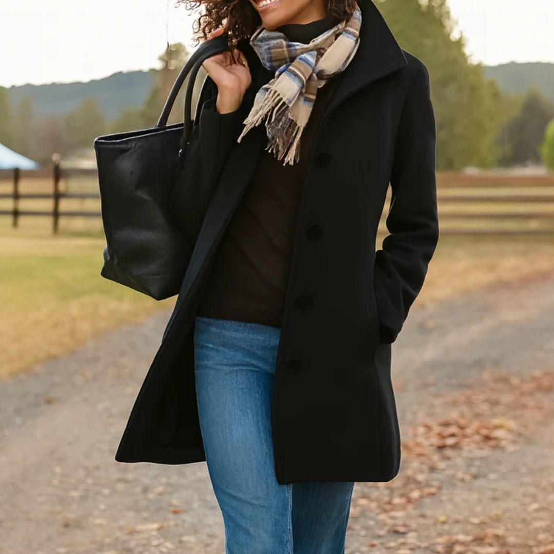 Mid-Length Wool Coat with Button Front - Camel