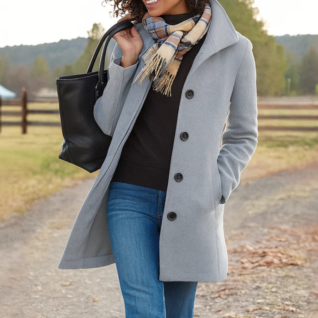 Mid-Length Wool Coat with Button Front - Camel