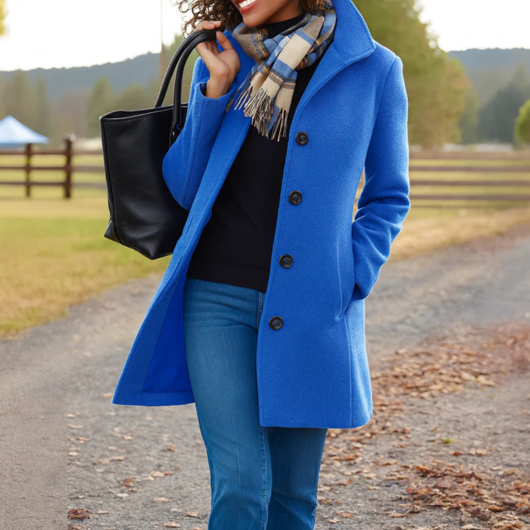Mid-Length Wool Coat with Button Front - Camel