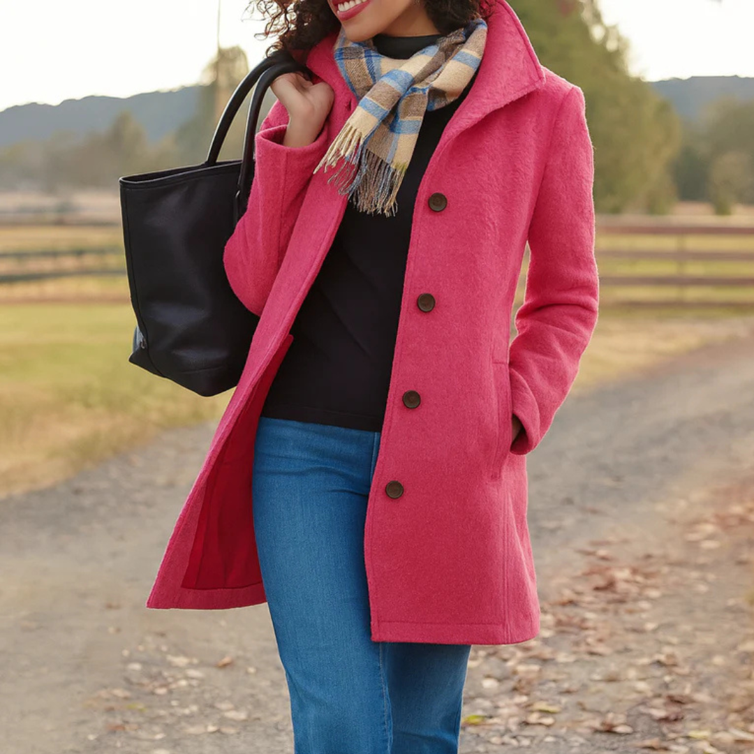 Mid-Length Wool Coat with Button Front - Camel