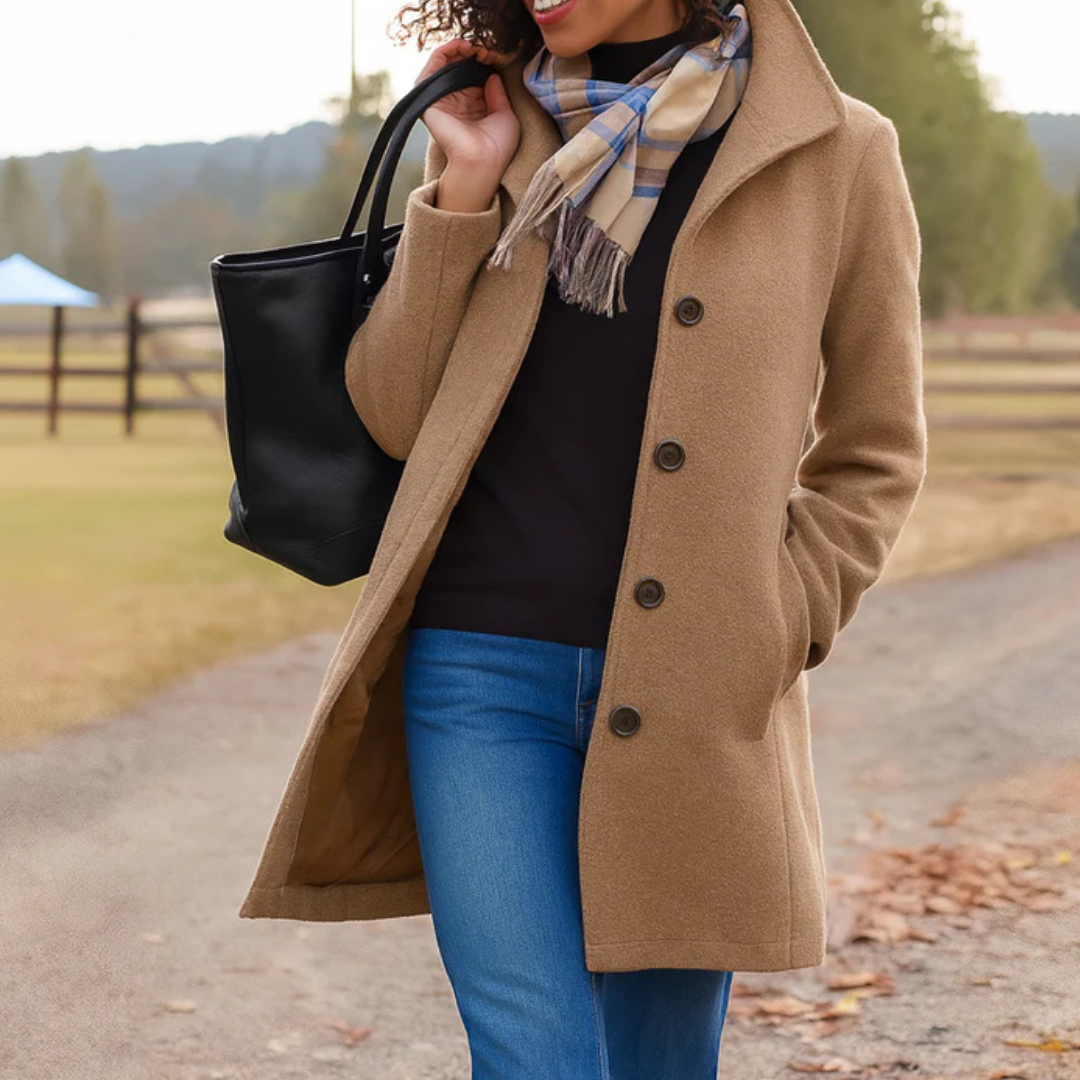 Mid-Length Wool Coat with Button Front - Camel