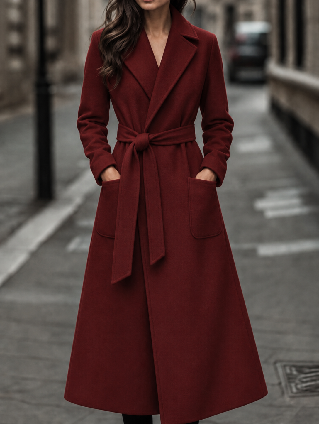 Long Belted Wrap Wool Coat - Burgundy