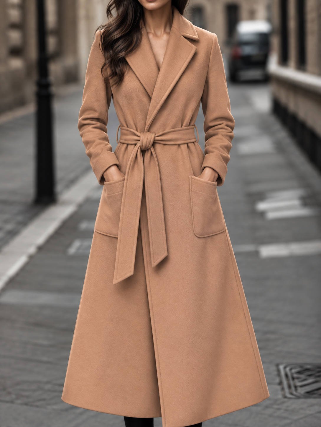 Long Belted Wrap Wool Coat - Burgundy