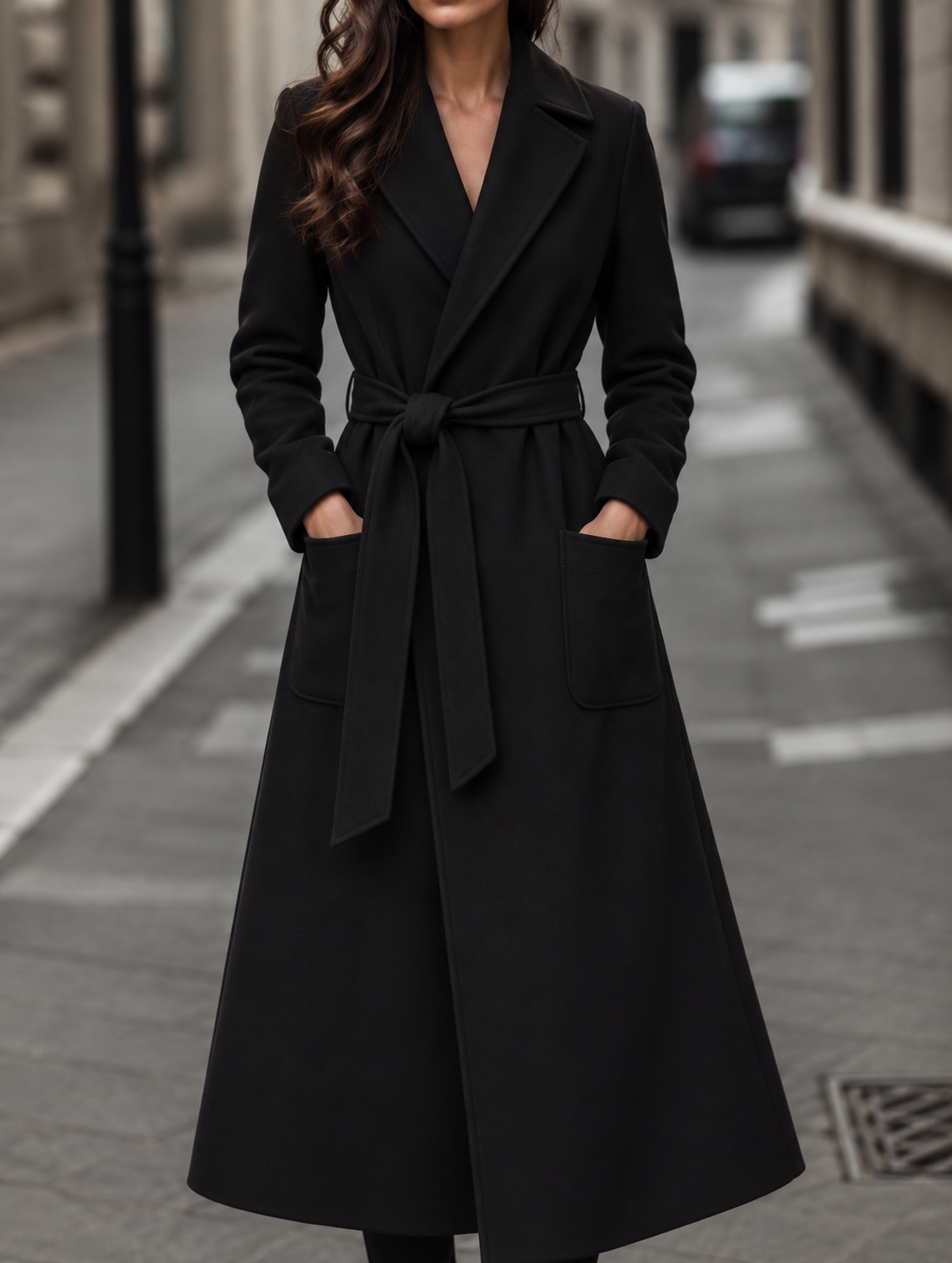 Long Belted Wrap Wool Coat - Burgundy