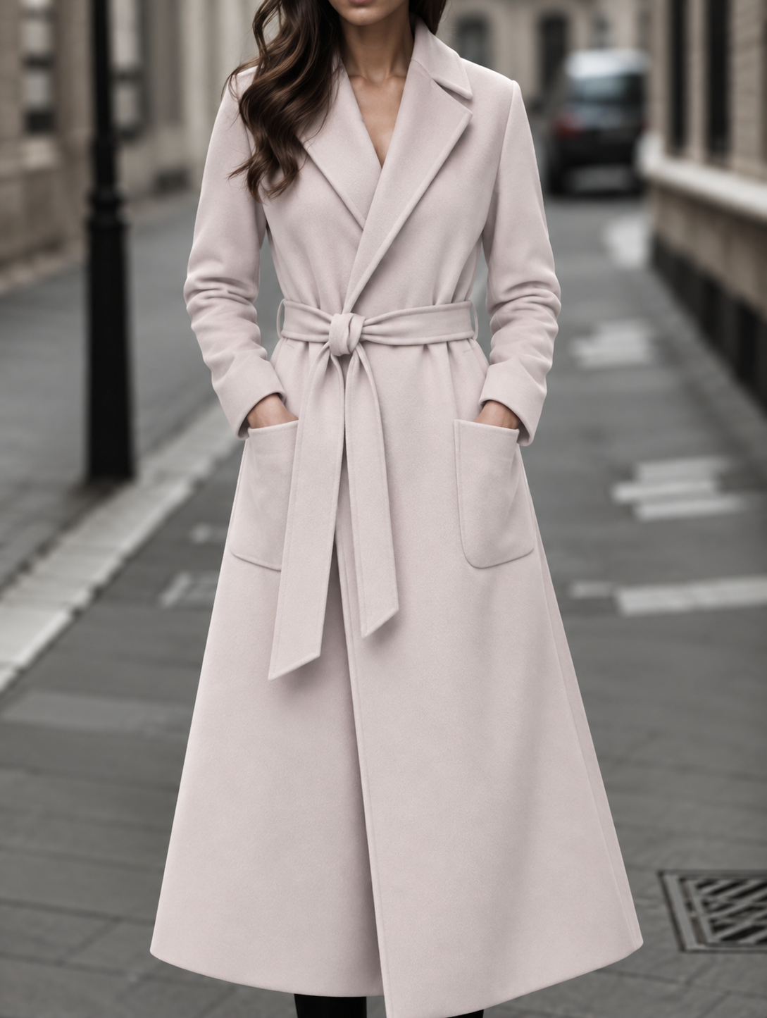 Long Belted Wrap Wool Coat - Burgundy