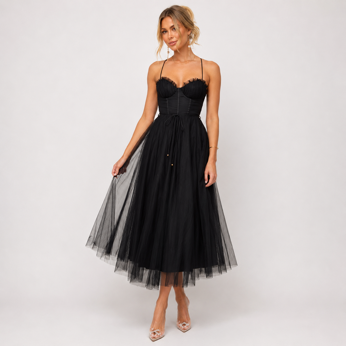 Alana | Tulle Sweetheart Corset Cami Open Back Fit And Flare Midi Party Cocktail Dress Ladies