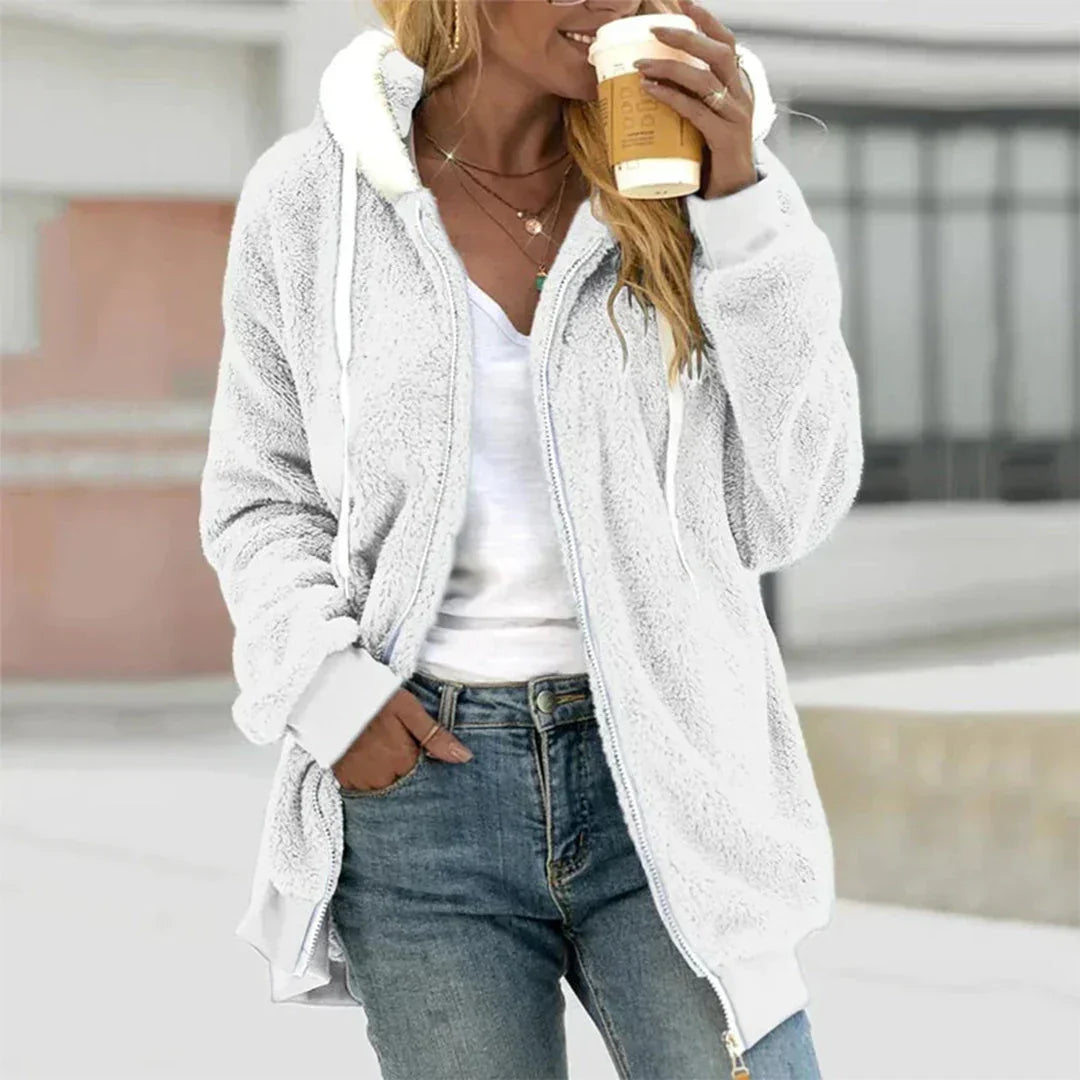 Emmy | Winter Oversized Hooded Full Zip Side Pockets Sherpa Long Drawstring Fleece Jacket Women