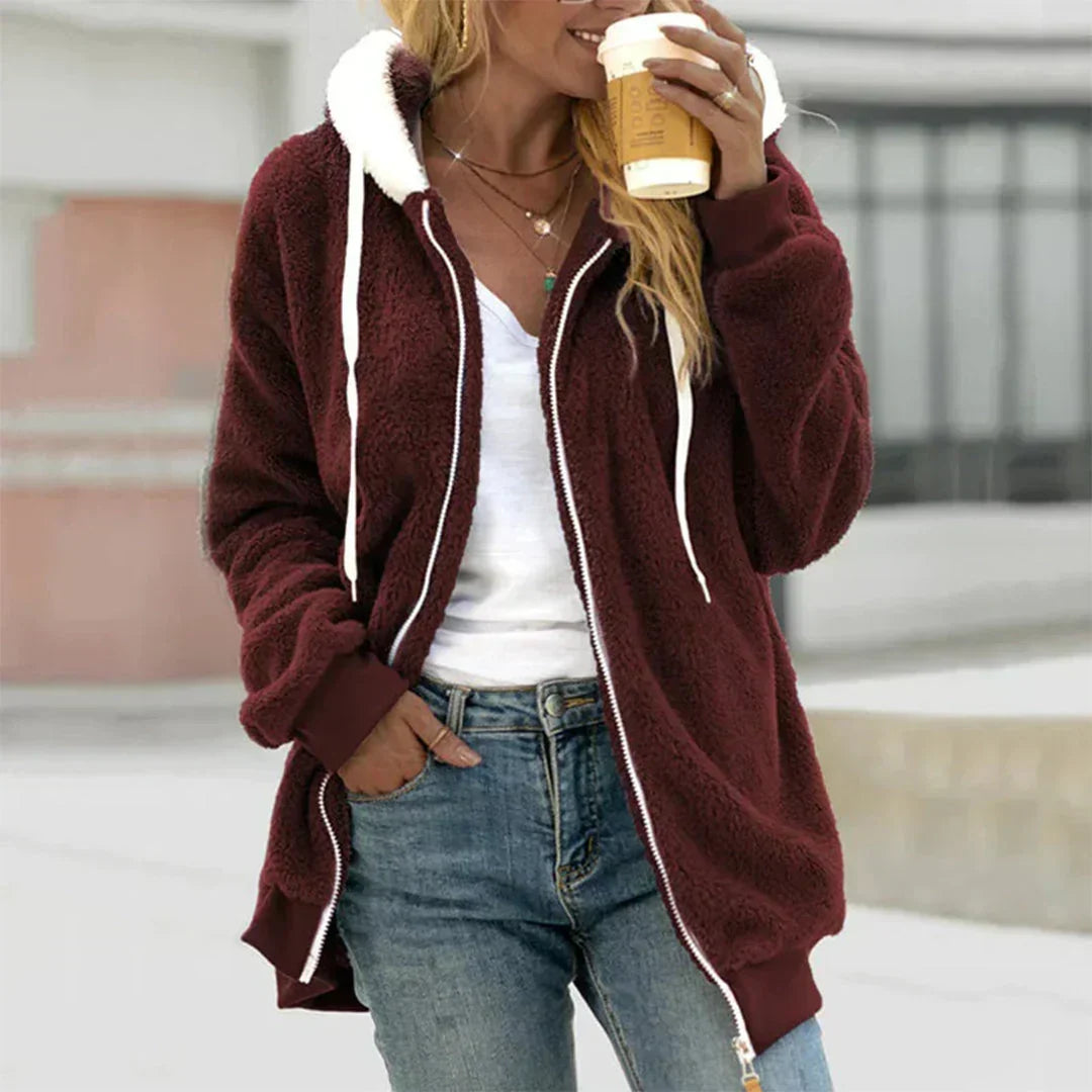 Emmy | Winter Oversized Hooded Full Zip Side Pockets Sherpa Long Drawstring Fleece Jacket Women