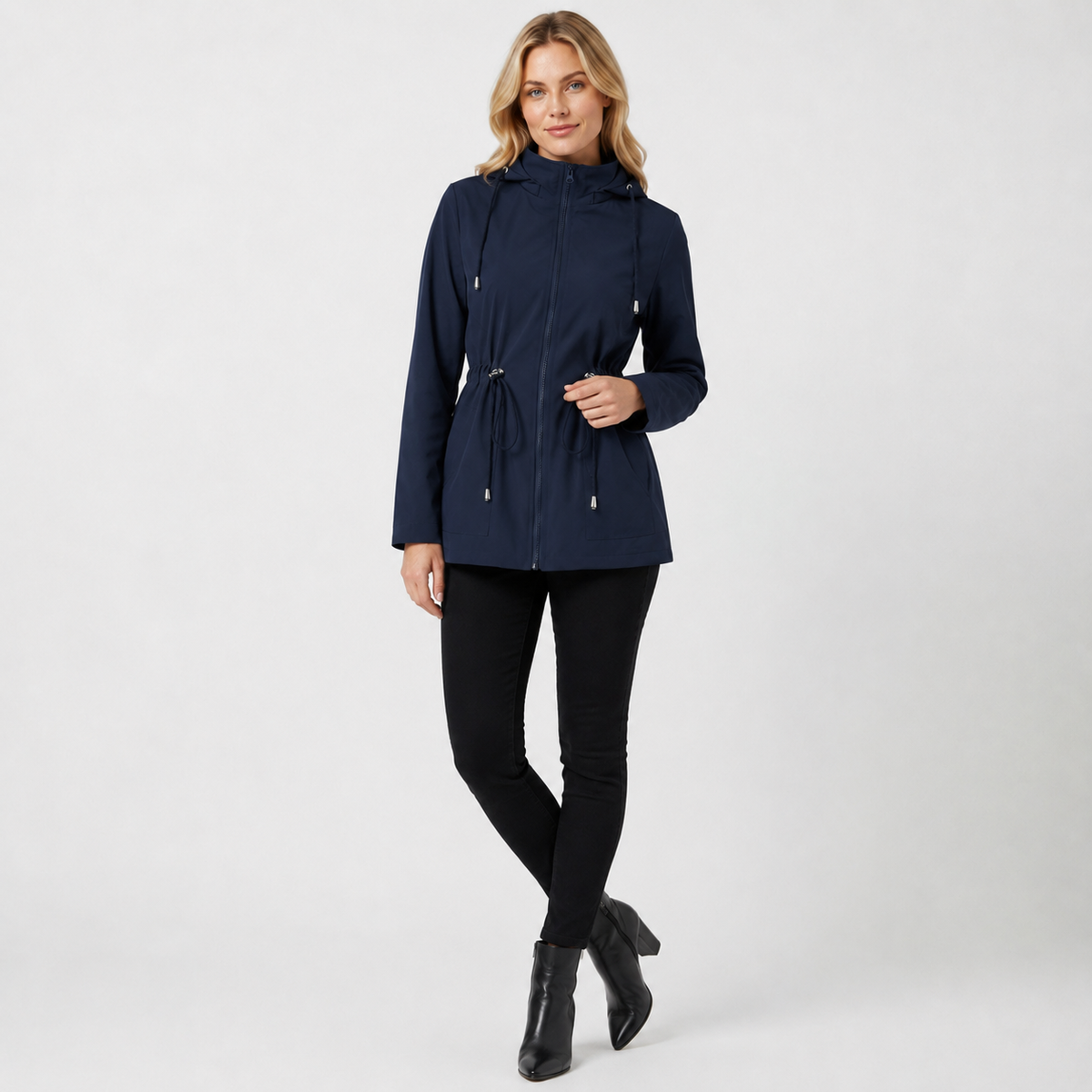 Carys | Drawstring Waist Mid Length Zip Up Hooded Pocket Autumn Windbreaker Jacket Women