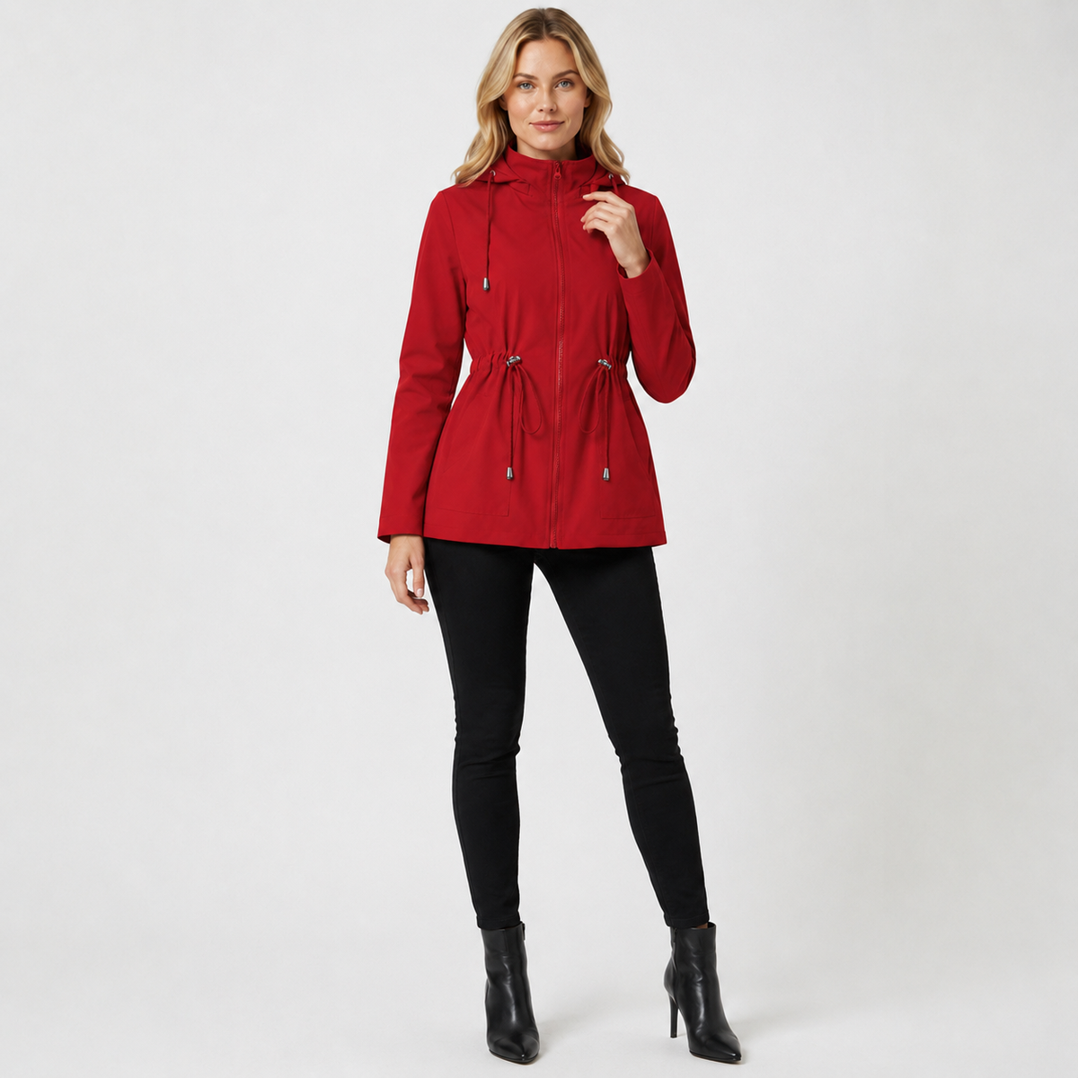 Carys | Drawstring Waist Mid Length Zip Up Hooded Pocket Autumn Windbreaker Jacket Women
