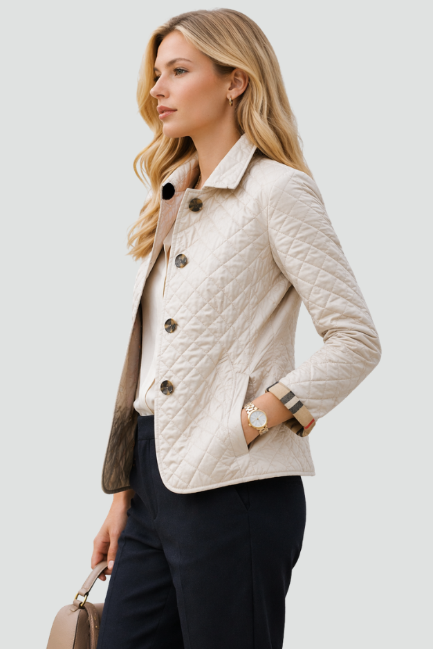 Diamond Quilted Jacket with Button Front - Cream