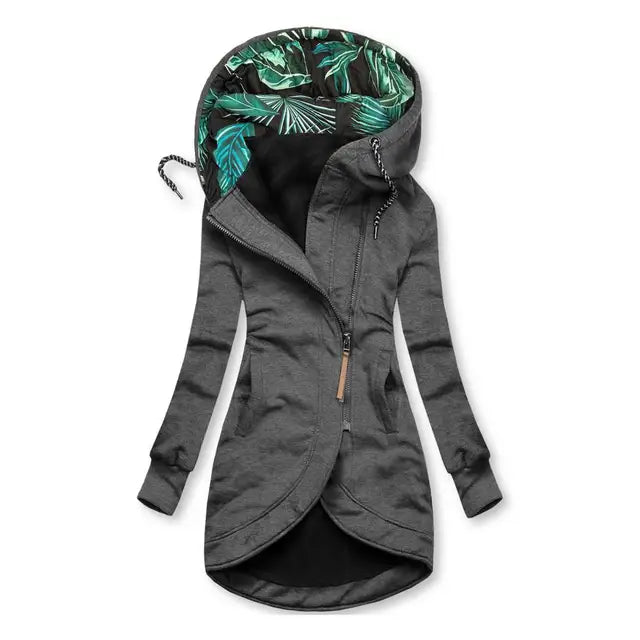 Nell | Fleece Asymmetric Zip Up Drawstring Floral Pockets Autumn Longline Hoodie Women