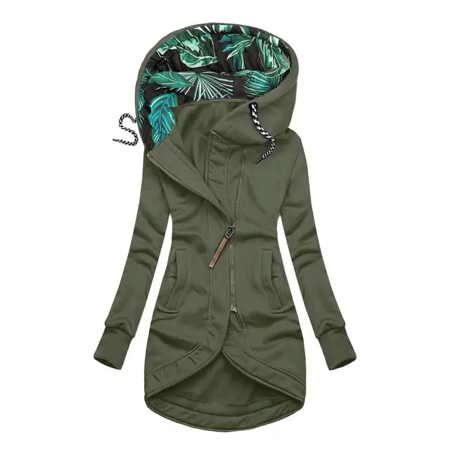 Nell | Fleece Asymmetric Zip Up Drawstring Floral Pockets Autumn Longline Hoodie Women