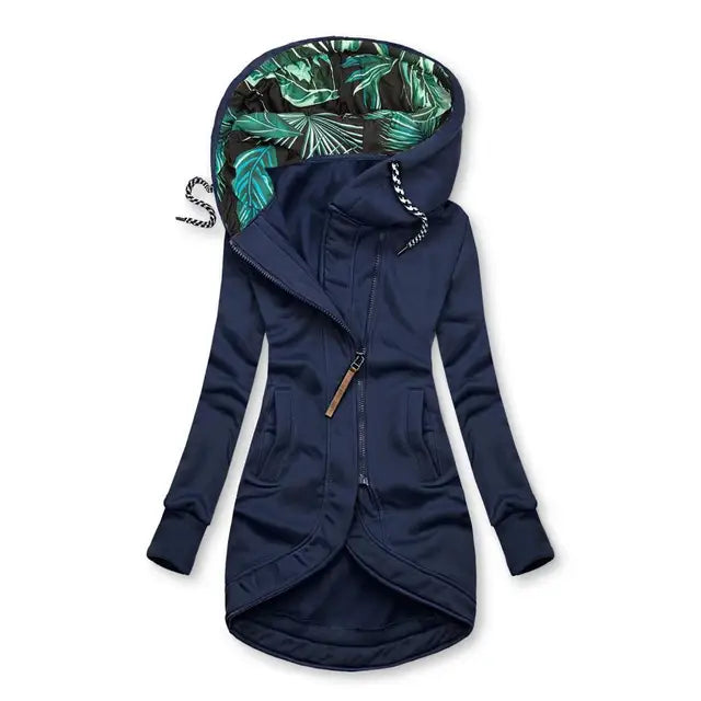 Nell | Fleece Asymmetric Zip Up Drawstring Floral Pockets Autumn Longline Hoodie Women