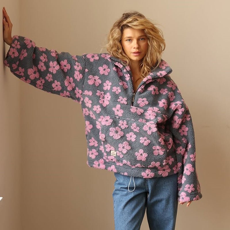 Lulu | Floral Oversized Collared Half Zip Pocket Sherpa Winter Fleece Jacket Women