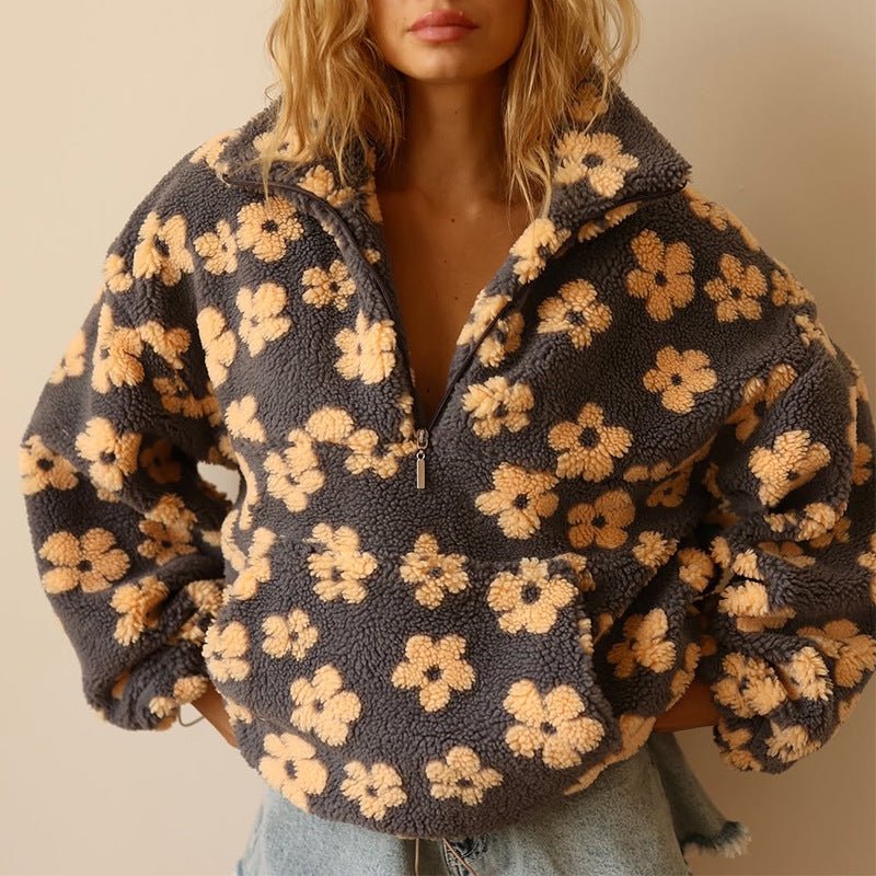 Lulu | Floral Oversized Collared Half Zip Pocket Sherpa Winter Fleece Jacket Women