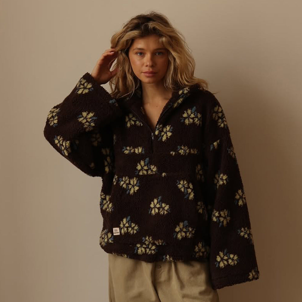 Lulu | Floral Oversized Collared Half Zip Pocket Sherpa Winter Fleece Jacket Women