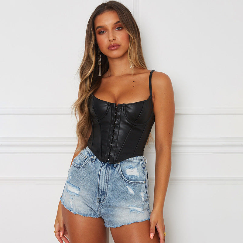 Macy | Hook And Eye Spaghetti Strap Going Out Party Faux Leather Corset Top Women