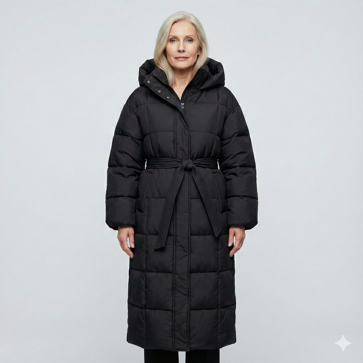 Long Puffer Coat with Belt and Hood - Chocolate Brown