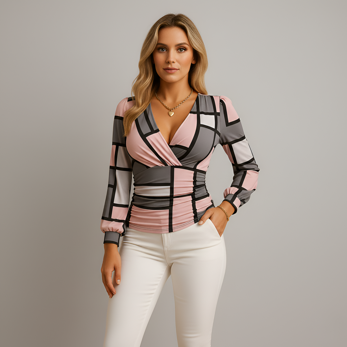 Pearl | Jersey Wrap Ruched Fitted Long Sleeve V Neck Blouse Women