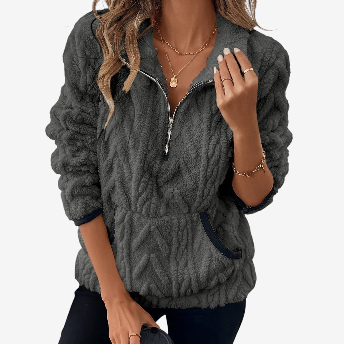Delia | Winter Oversized Funnel Neck Half Zip Sherpa Fleece Jacket Women