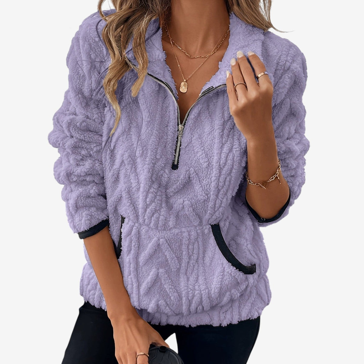 Delia | Winter Oversized Funnel Neck Half Zip Sherpa Fleece Jacket Women