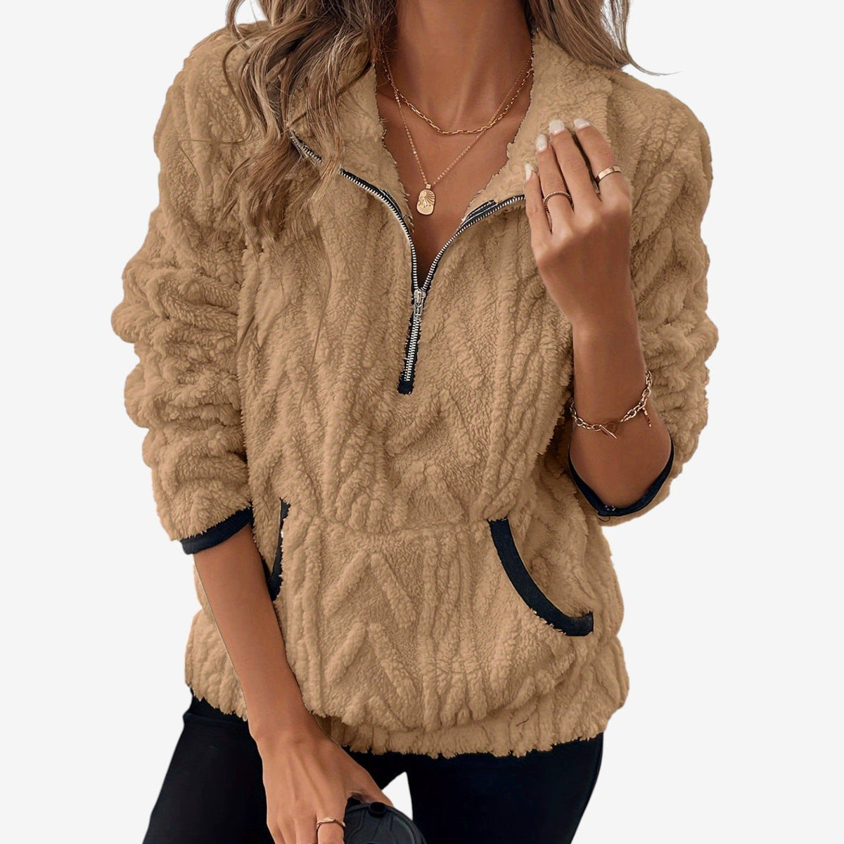 Delia | Winter Oversized Funnel Neck Half Zip Sherpa Fleece Jacket Women