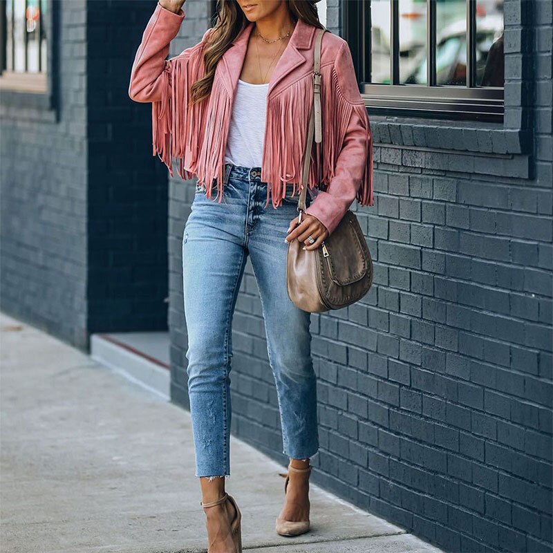 Rose | Cropped Lapel Collared Fringe Autumn Faux Suede Blazer Women