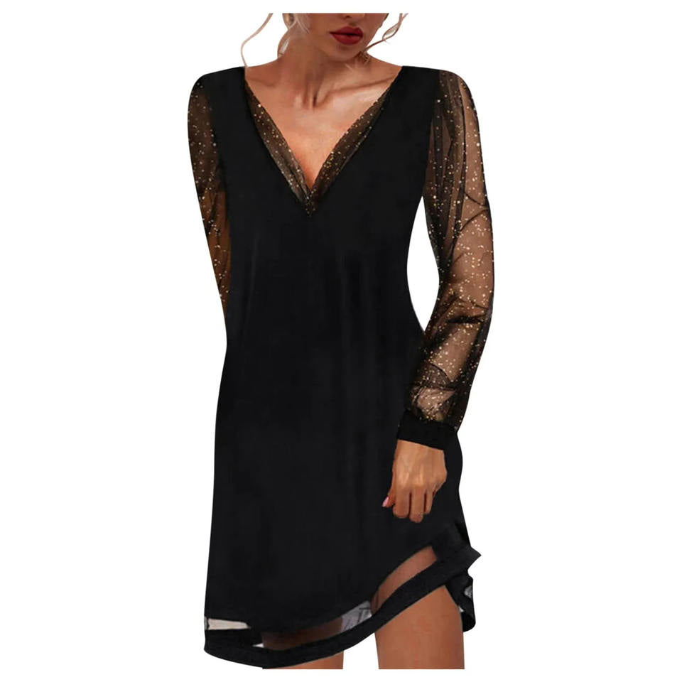 Jolie | Glitter Mesh Sheer V Neck Long Sleeve Mini Christmas Party Cocktail Dress Ladies