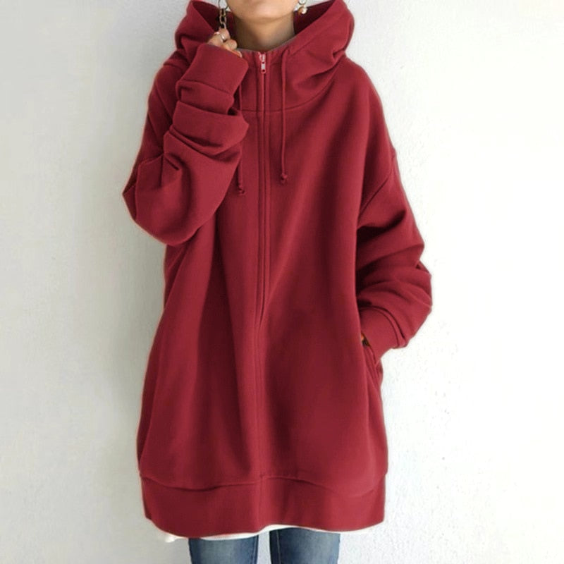 Kayla | Zip Up Drawstring Pockets Fleece Longline Oversized Baggy Autumn Winter Hoodie Women