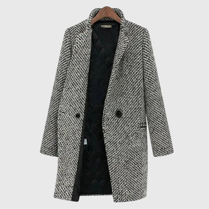 Double Breasted Houndstooth Coat, Longline - Grey