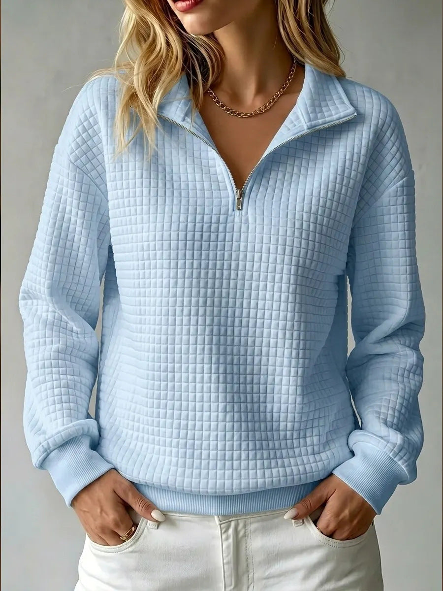 Waffle Knit Half-Zip Sweatshirt with Collar - White