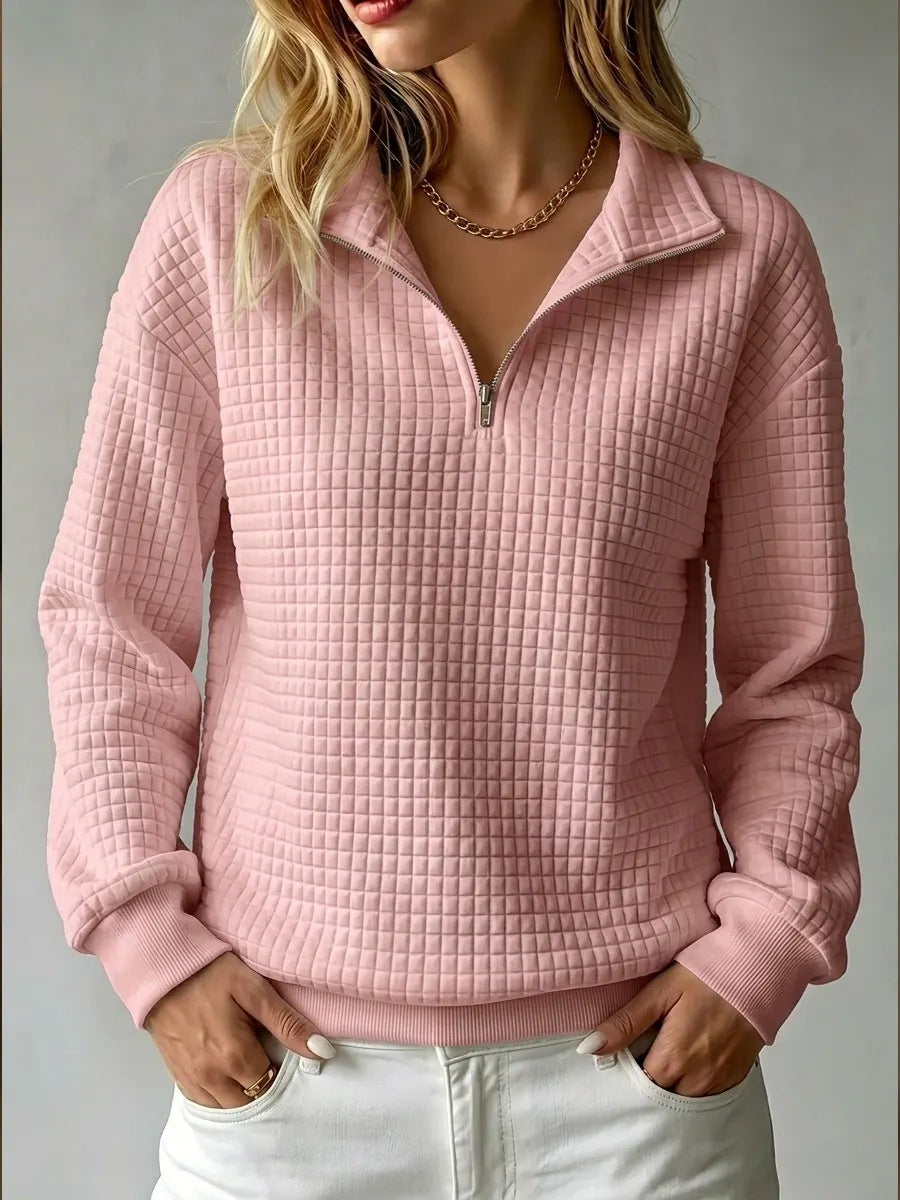 Waffle Knit Half-Zip Sweatshirt with Collar - White