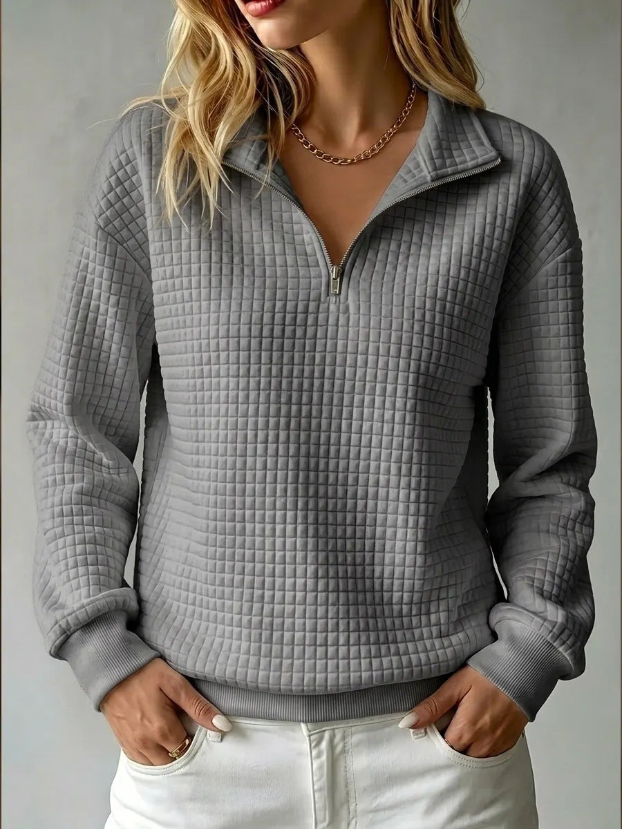 Waffle Knit Half-Zip Sweatshirt with Collar - White