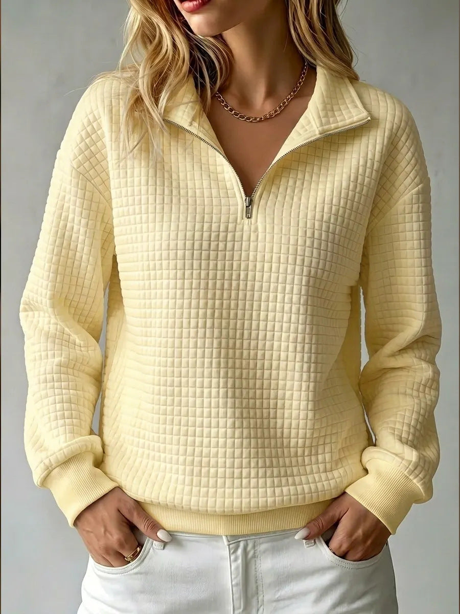 Waffle Knit Half-Zip Sweatshirt with Collar - White