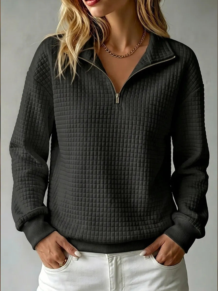 Waffle Knit Half-Zip Sweatshirt with Collar - White