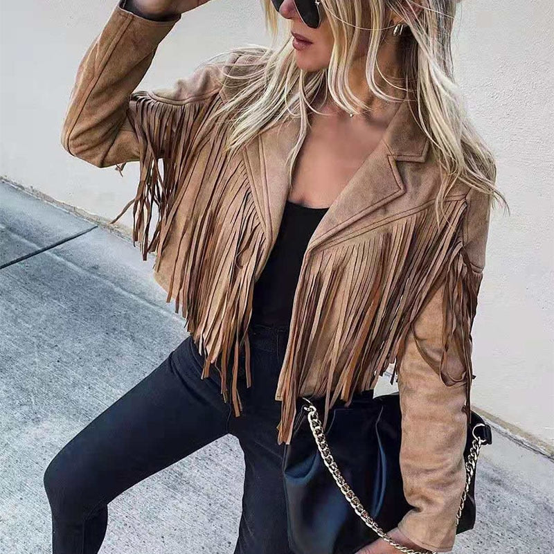 Rose | Cropped Lapel Collared Fringe Autumn Faux Suede Blazer Women
