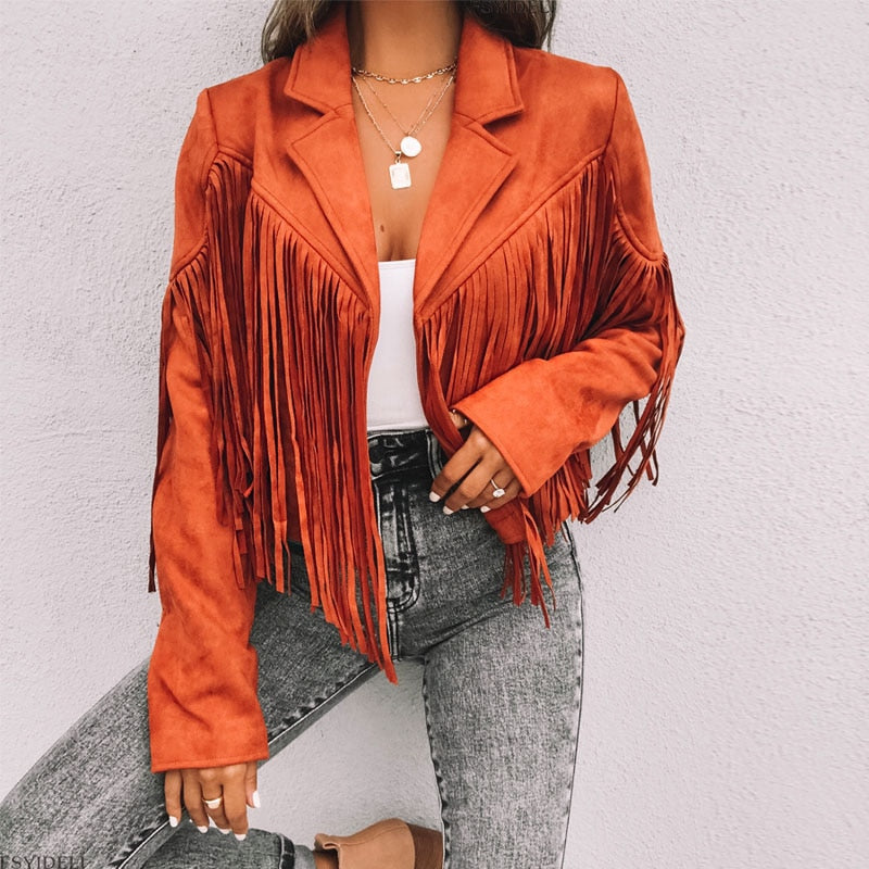 Rose | Cropped Lapel Collared Fringe Autumn Faux Suede Blazer Women