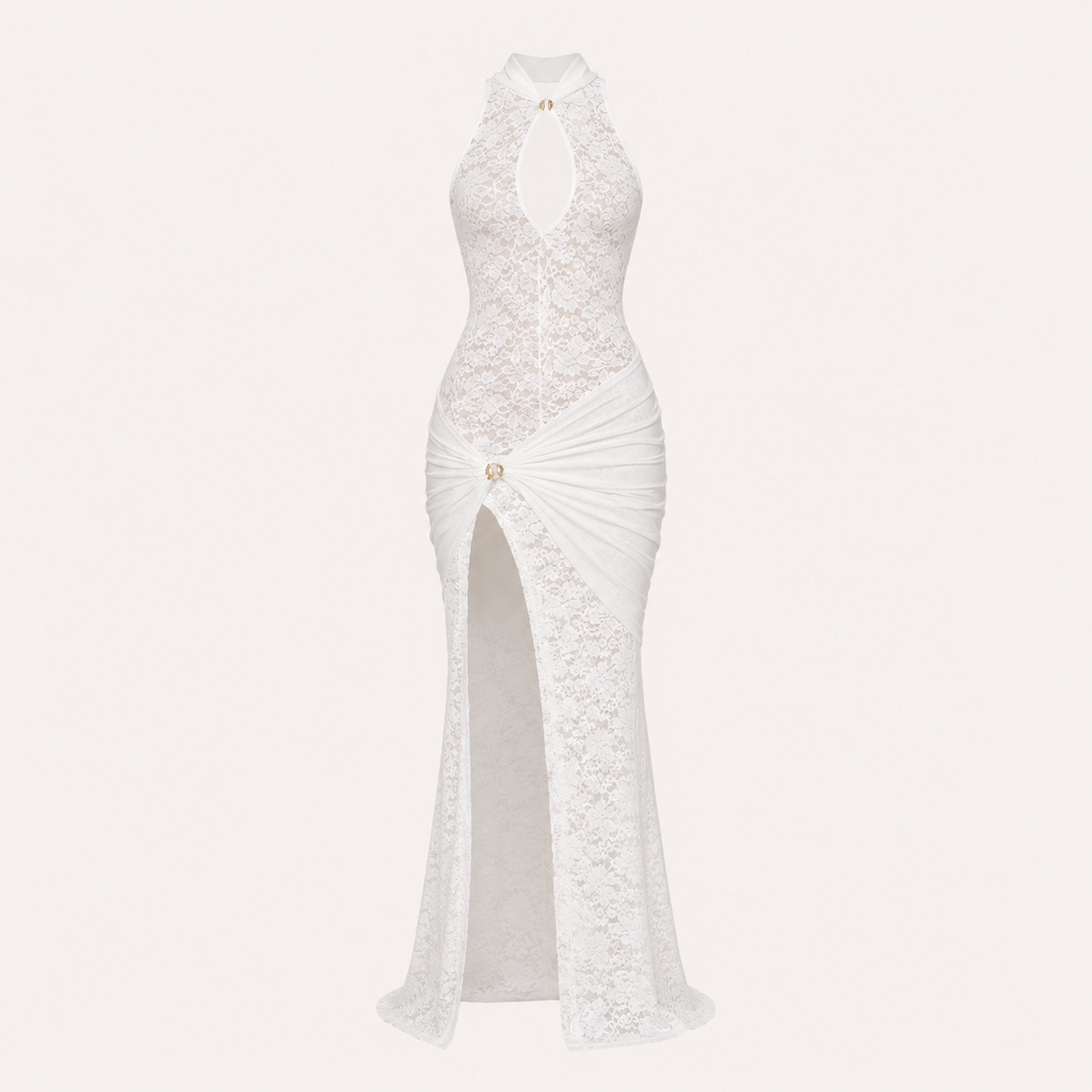 Ciara | Lace High Neck Cut Out Floral Ruched Slit Sheer Bodycon Maxi Party Evening Dress Women